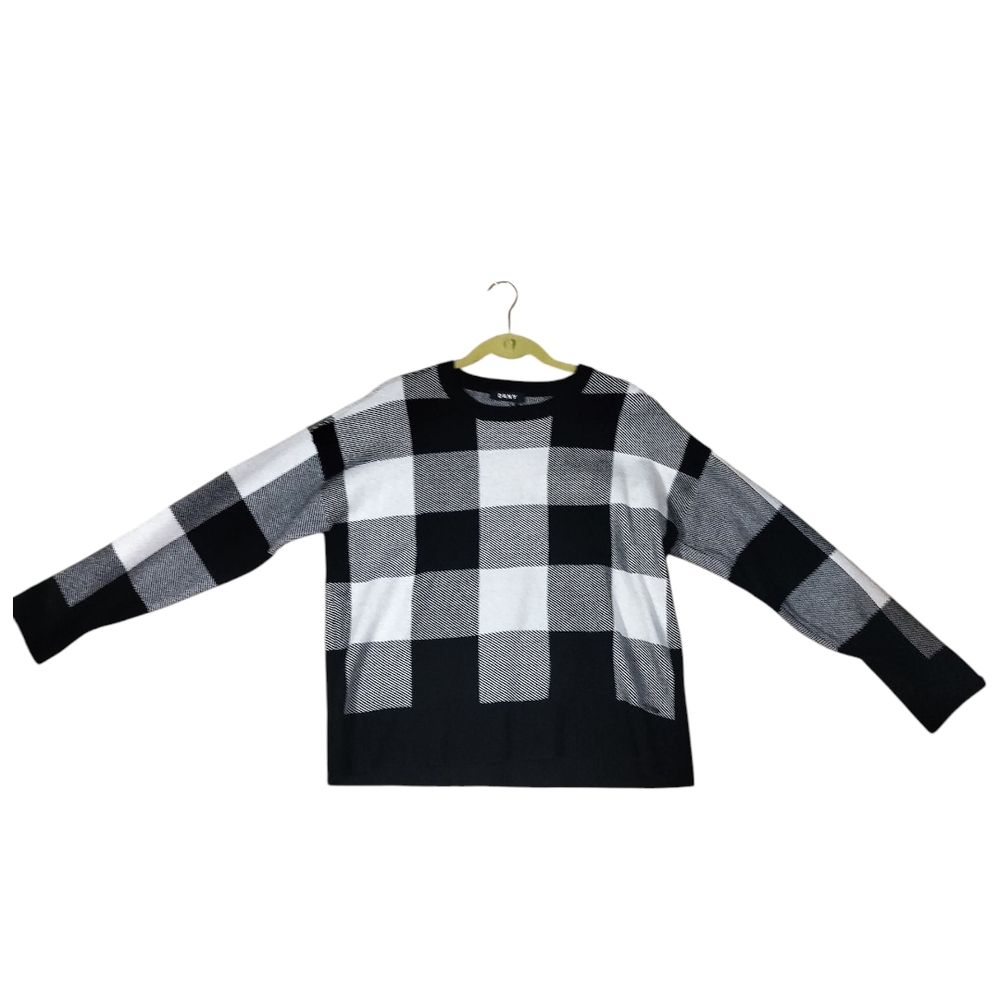 Dkny Black and White Sweater with Buffalo Check Pattern